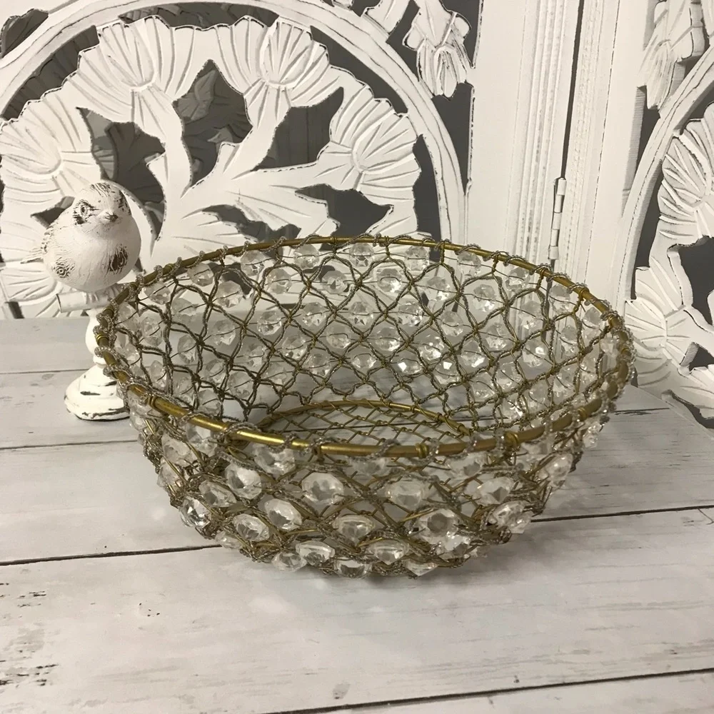 Rustic Vintage Wire Beaded Basket with Crystal Accents, Gold-Tone Tabletop Decor